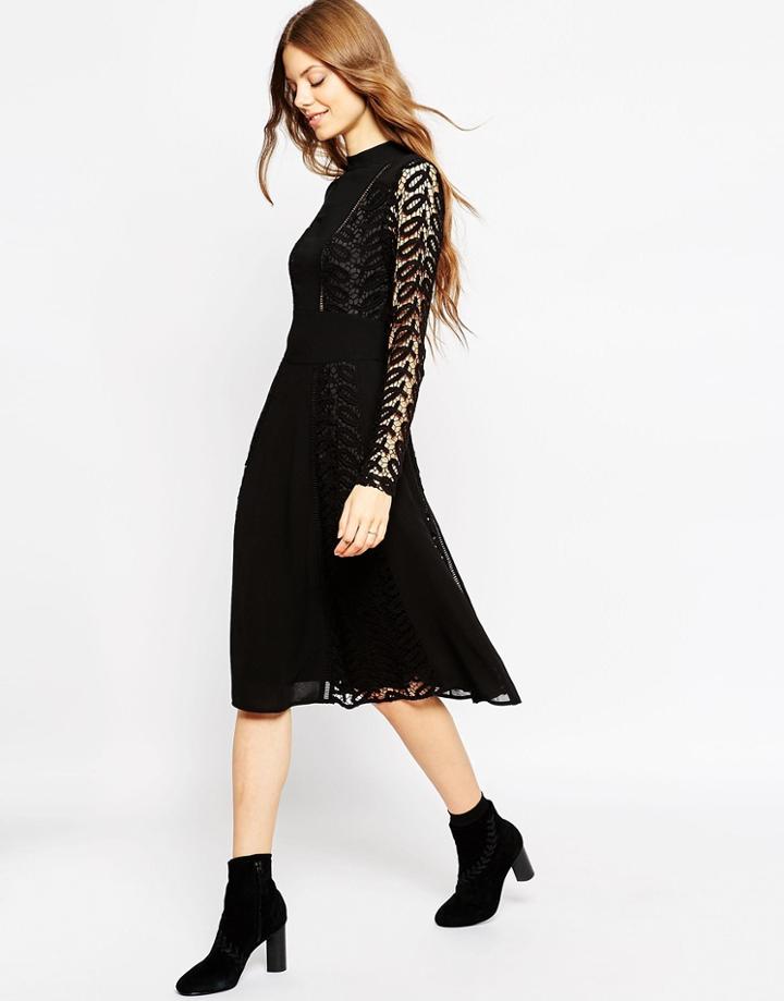 Asos Premium Lace And Ladder Detail Midi Dress - Black