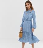 Glamorous Petite Midi Dress With Neck Tie In Polka Dot-blue