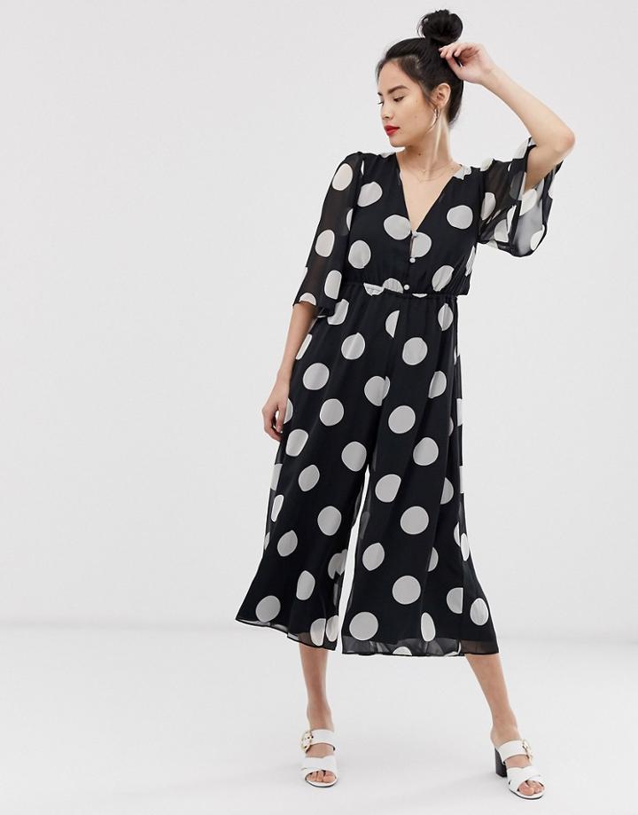 Asos Design Soft Spot Tie Waist Button Detail Jumpsuit - Multi