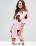 Asos Petite V Back T-shirt Dress In Rose Print - Pink