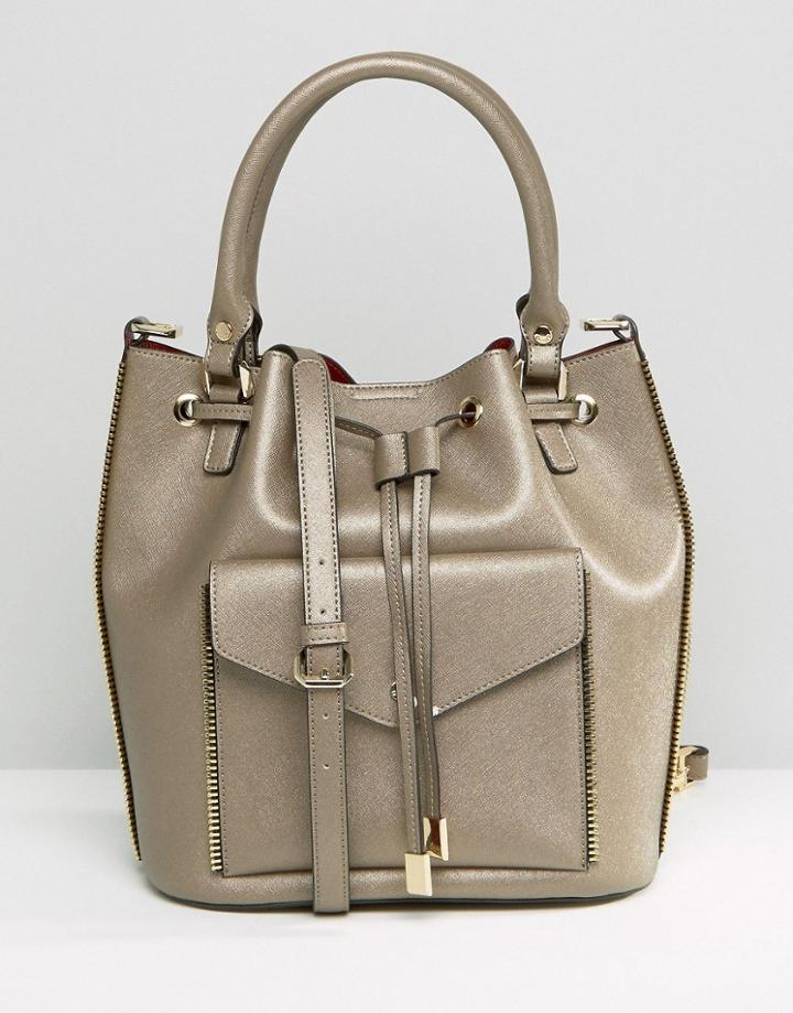Dune Drawstring Bucket Bag With Front Pocket - Gray
