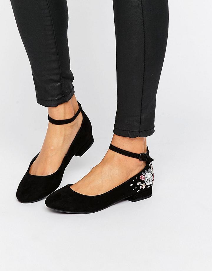 New Look Embroidered Ankle Strap Flat Shoe - Black