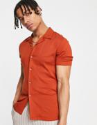 Asos Design Skinny Viscose Shirt With Camp Collar In Rust-orange