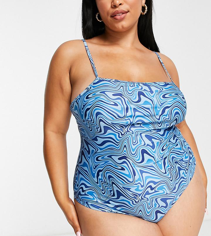 Brave Soul Plus Square Neck Swimsuit With Adjustable Straps In Blue Swirl Print