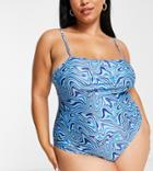 Brave Soul Plus Square Neck Swimsuit With Adjustable Straps In Blue Swirl Print