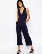 Asos Minimal Jersey Jumpsuit With V Neck And Wide Leg - Navy