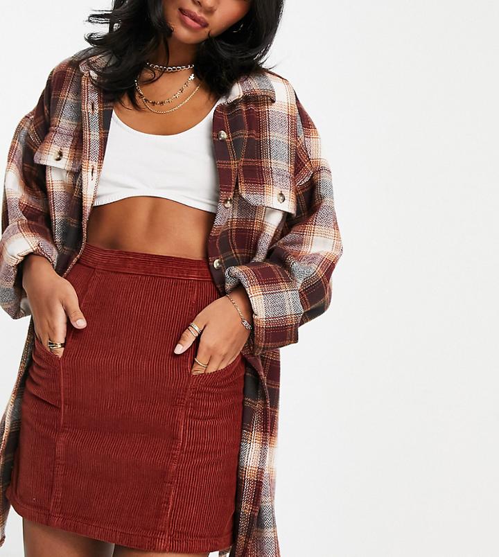 Asos Design Petite High Waist Mini Skirt In Henna Cord-brown