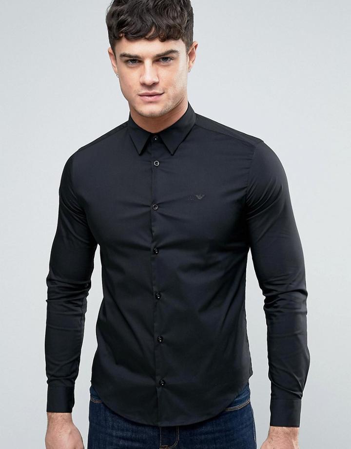 Armani Jeans Tonal Logo Shirt Slim Fit Stretch In Black - Black