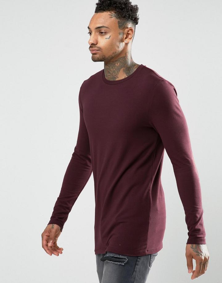 Asos Longline Muscle Long Sleeve T-shirt In Oxblood - Red