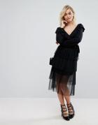Fashion Union Tiered Midi Skirt In Tulle Pleat - Black