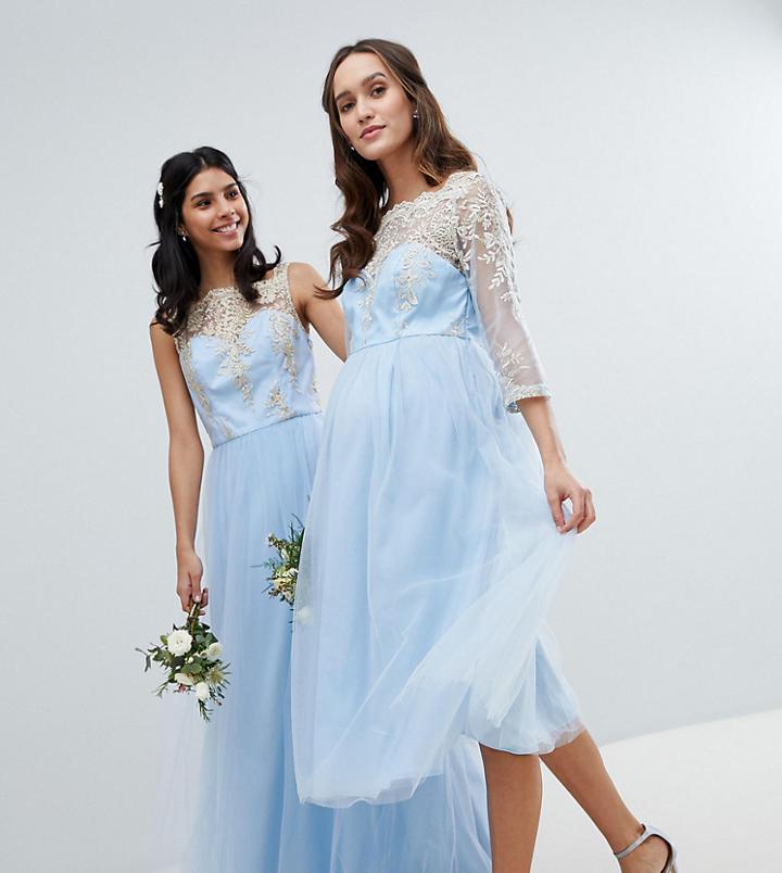 Chi Chi London Maternity Bardot Neck Midi Dress With Premium Lace And Tulle Skirt-blue