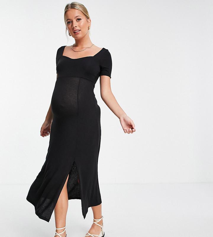 Asos Design Maternity Sweetheart Neck Ribbed Maxi Dress In Black