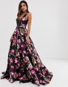 Jovani Floral A Line Maxi Dress With Strap Detail-black