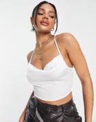 Naanaa Cowl Neck Back Detail Satin Crop Top In Cream-white