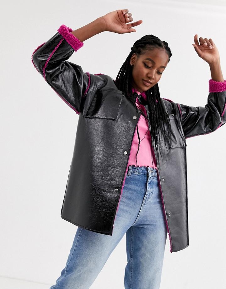 Asos Design Vinyl Borg Bonded Jacket In Black