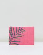 South Beach Hot Pink Straw Clutch Bag With Palm Embroidery - Pink