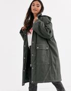 Asos Design Coated Parka With Contrast Stitch Detail In Khaki-green