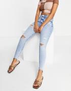 River Island High Rise Ripped Bleached Skinny Jeans In Mid Auth Blue-blues