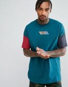 Asos Oversized T-shirt With Color Block Contrast Sleeves And Outsider Text - Green