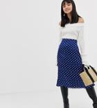 Glamorous Petite Bias Cut Midi Skirt In Polka Dot Satin-navy