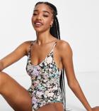 Pieces Tall V-neck Swimsuit In Black Floral-multi