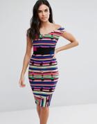 Vesper Off Shoulder Pencil Midi Dress In Contrast Stripe Print - Multi