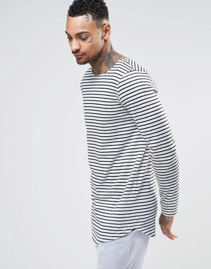 Asos Linen Look Longline Stripe Long Sleeve T-shirt With Curved Hem