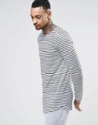 Asos Linen Look Longline Stripe Long Sleeve T-shirt With Curved Hem