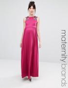 Little Mistress Maternity Sleeveless Maxi Dress With Floral Embellished Shoulders - Pink