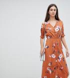Influence Tall Shirred Sleeve Floral Midi Dress With Button Down Front - Red