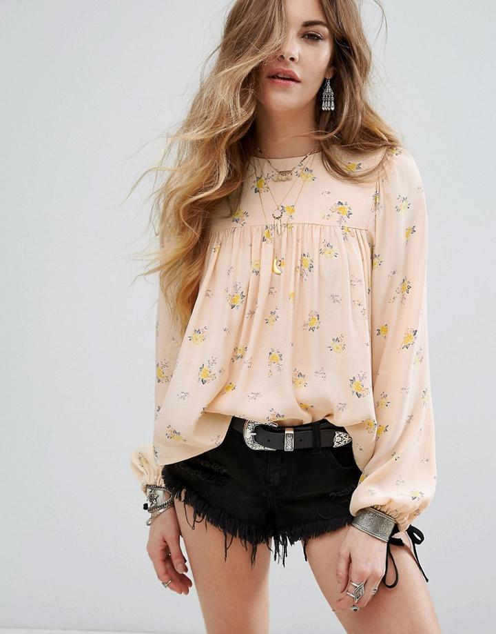 Nobody's Child Smock Top In Ditsy Floral With Contrast Ties - Pink