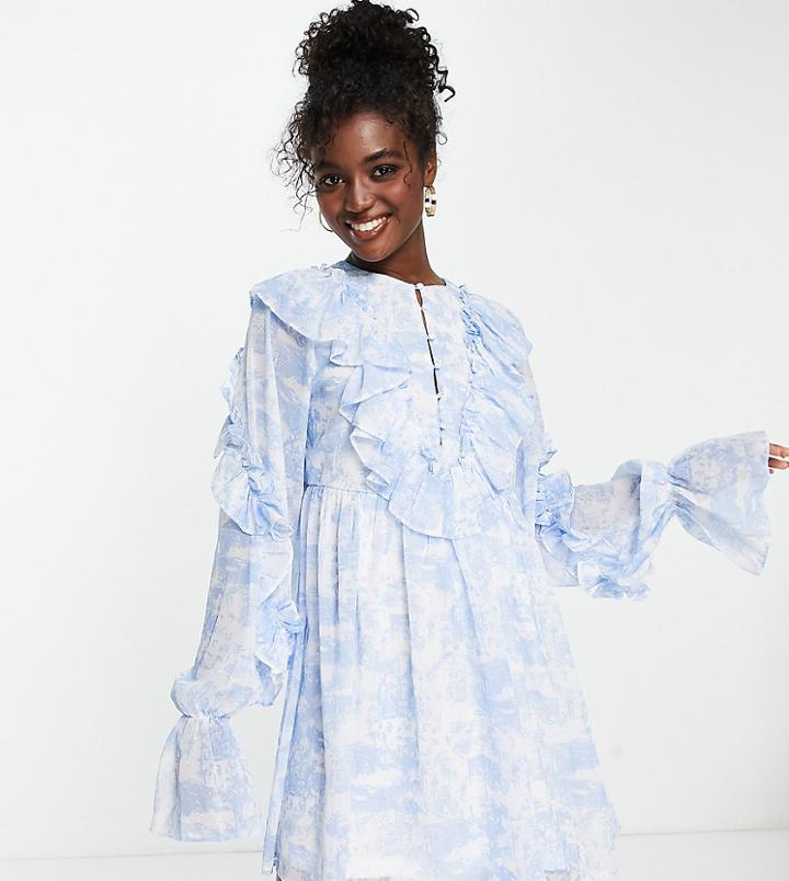 In The Style X Lorna Luxe Exaggerated Frill Detail Mini Tea Dress In Blue Multi