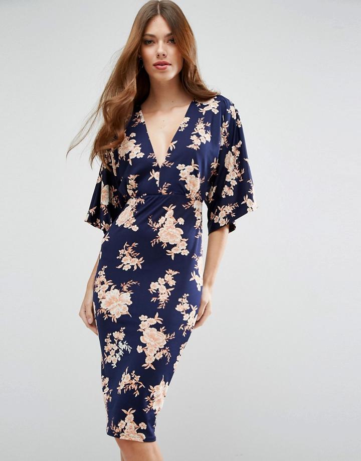 Asos Kimono Orange Sketchy Floral Midi Dress - Multi