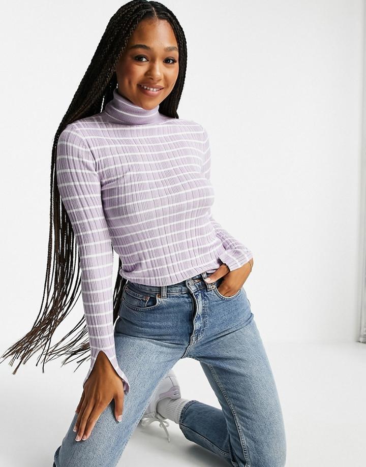 Miss Selfridge Irregular Rib Knit Roll Neck Split Sleeve Sweater In Lilac Stripe-multi