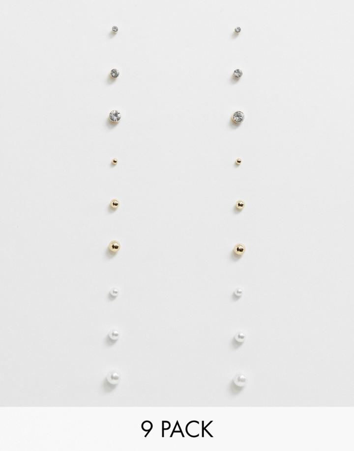 Asos Design Pack Of 9 Earrings With Mixed Studs In Gold Tone - Gold