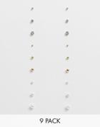 Asos Design Pack Of 9 Earrings With Mixed Studs In Gold Tone - Gold