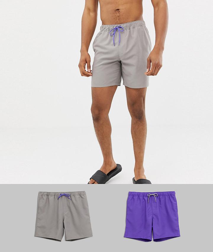 Asos Design Swim Shorts 2 Pack In Purple & Gray Mid Length Save - Multi