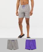Asos Design Swim Shorts 2 Pack In Purple & Gray Mid Length Save - Multi