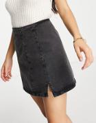 Asos Design Denim Front Slit Mini Skirt In Washed Black