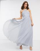 Asos Design One Shoulder Tulle Wired Hem Maxi Dress-blues