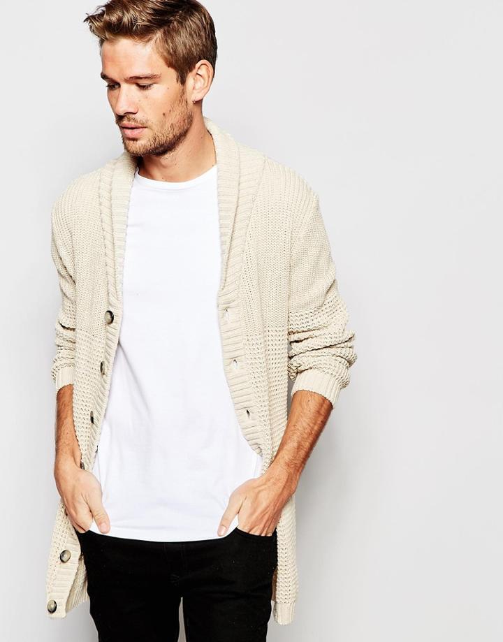 Asos Longline Shawl Neck Cardigan With Belt - Oatmeal