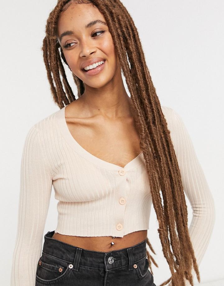Brave Soul Tarragon Cropped Ribbed Cardigan In Cream-white