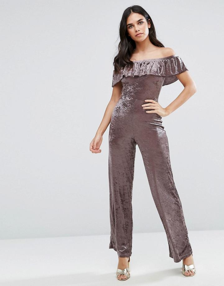Love Velvet Off Shoulder Frill Jumpsuit - Beige