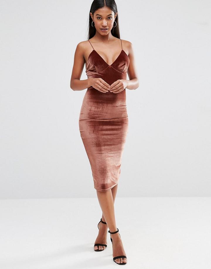Club L Velvet Cami Strap Midi Dress - Amber