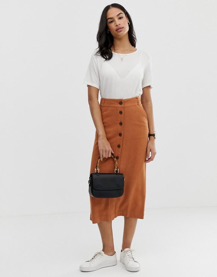 Asos Design Gutsy Linen Column Midi Skirt With Button Through-brown