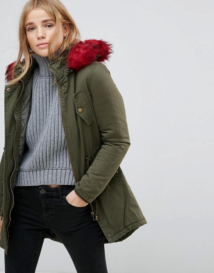 Brave Soul Red Faux Fur Hood Parka - Multi