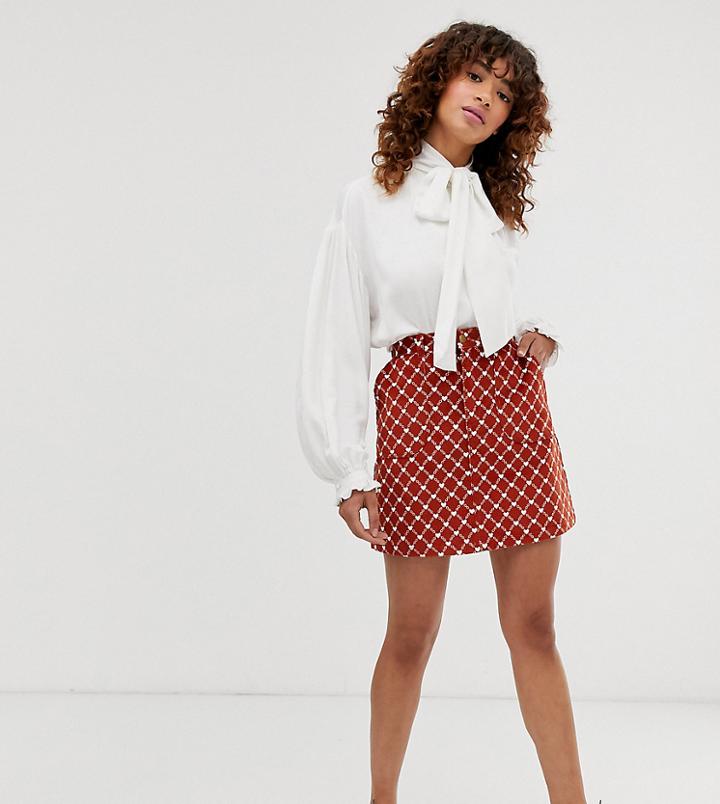 Monki Heart Chain Print A-line Cord Mini Skirt In Rust-brown
