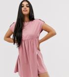 Asos Design Petite Button Sleeve Mini Smock Dress-pink