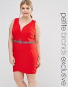 Little Mistress Plus Plunge Front Bodycon Dress With Waist Embellishment - Red