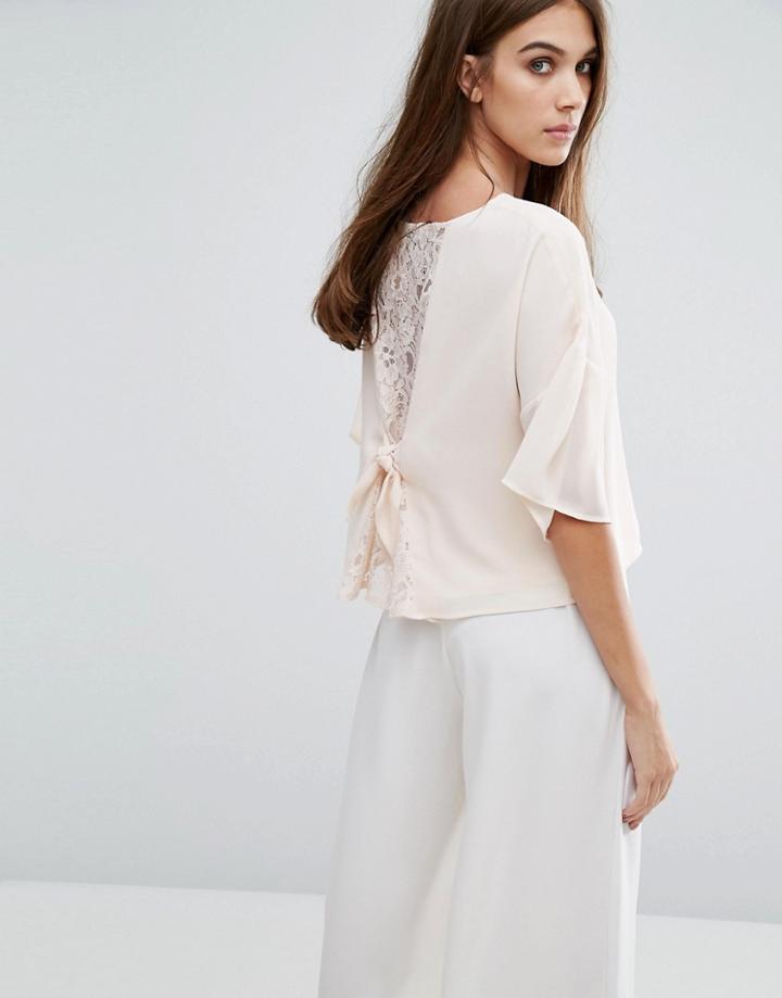 Warehouse Lace Insert Bow Detail Blouse - Cream